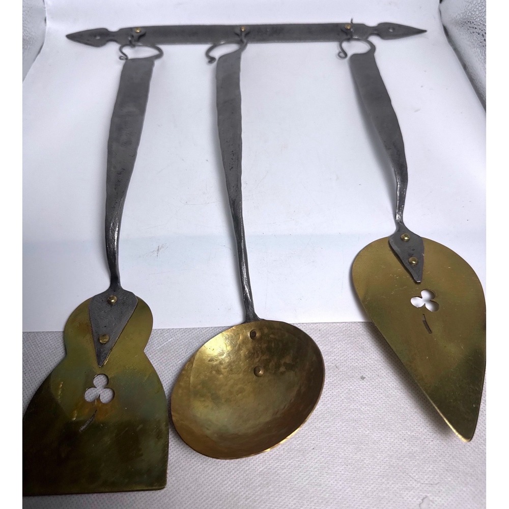 Plummer Hand Forged Iron Brass Kitchen Utensil Set 4pc Ladle Spatula Server Rack